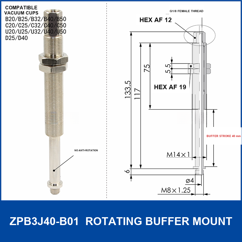 ZPB3J40-B01 rotating vacuum cup buffer mount, 40 mm selection, with product view and dimensional drawing