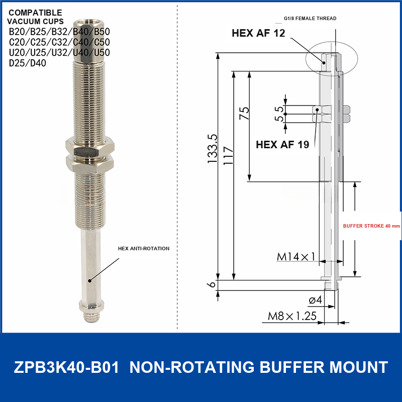 ZPB3K40-B01 non-rotating vacuum cup buffer mount, 40 mm selection, with product view and dimensional drawing