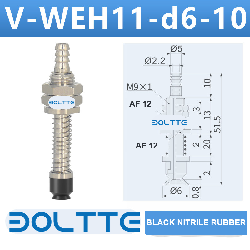 V-WEH11-d6-10 rear-entry spring vacuum cup assembly with dimensional drawing
