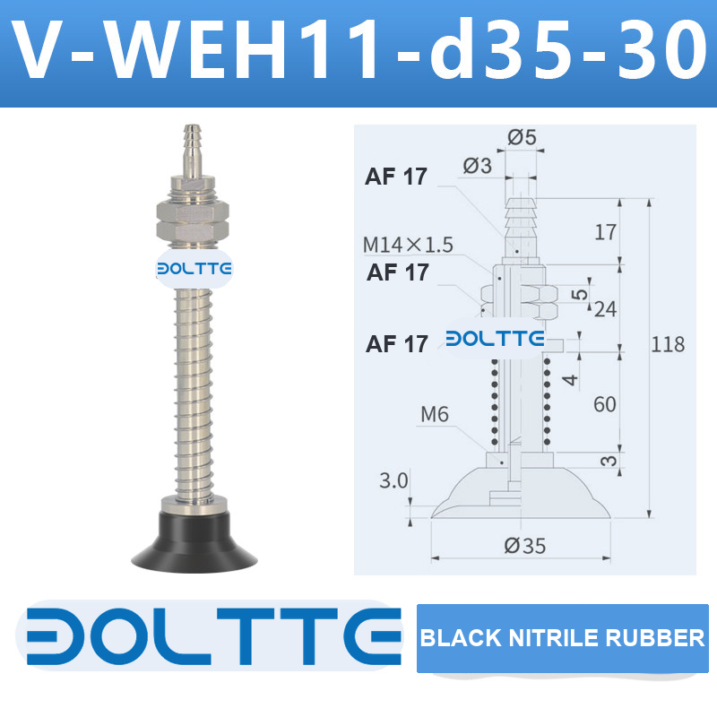 V-WEH11-d35-30 rear-entry spring vacuum cup assembly with dimensional drawing
