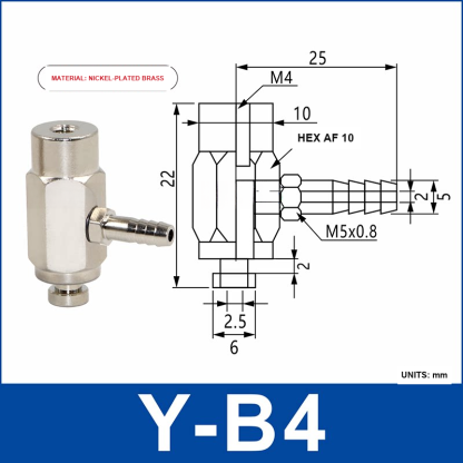 Y-B4 nickel-plated brass side-entry vacuum cup holder or buffer mount with product view and dimensional drawing