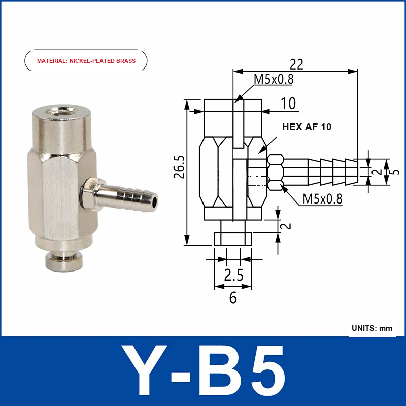 Y-B5 nickel-plated brass side-entry vacuum cup holder or buffer mount with product view and dimensional drawing