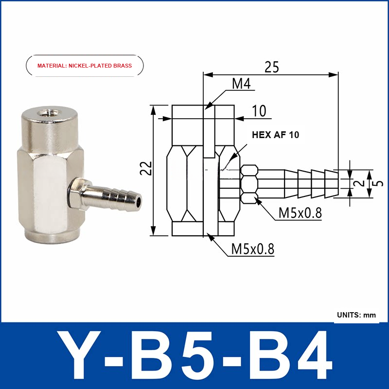 Y-B5-B4 nickel-plated brass side-entry vacuum cup holder or buffer mount with product view and dimensional drawing