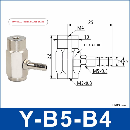 Y-B5-B4 nickel-plated brass side-entry vacuum cup holder or buffer mount with product view and dimensional drawing