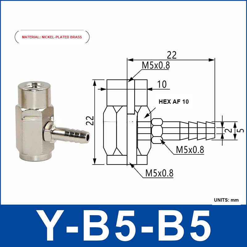 Y-B5-B5 nickel-plated brass side-entry vacuum cup holder or buffer mount with product view and dimensional drawing