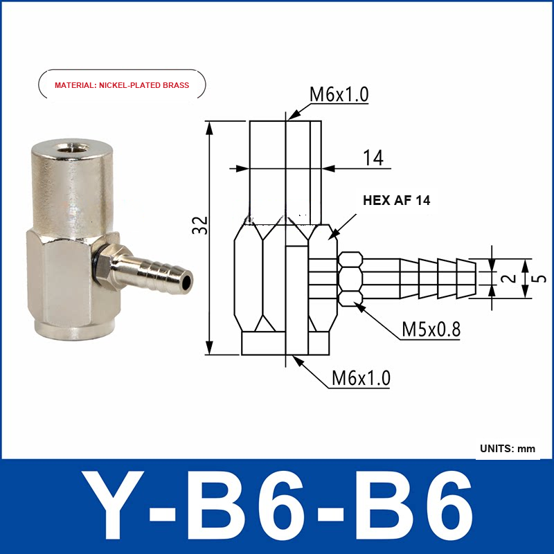Y-B6-B6 nickel-plated brass side-entry vacuum cup holder or buffer mount with product view and dimensional drawing