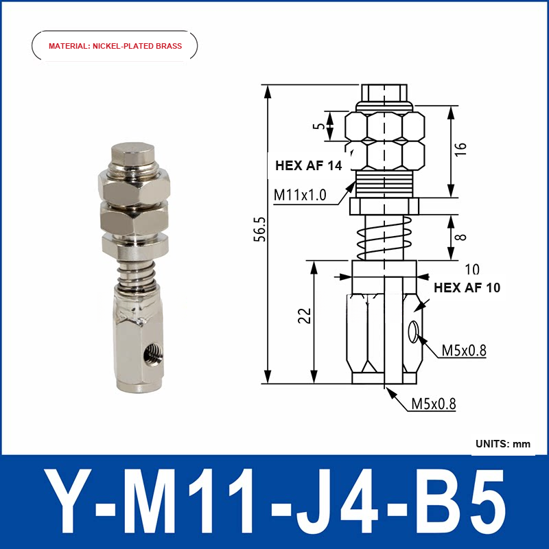 Y-M11-J4-B5 nickel-plated brass side-entry vacuum cup holder or buffer mount with product view and dimensional drawing