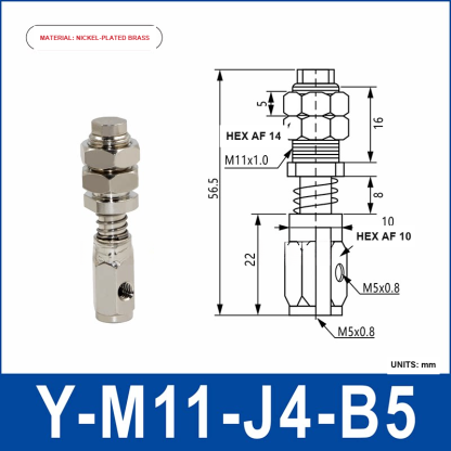 Y-M11-J4-B5 nickel-plated brass side-entry vacuum cup holder or buffer mount with product view and dimensional drawing