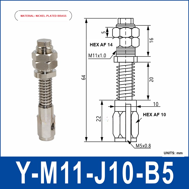 Y-M11-J10-B5 nickel-plated brass side-entry vacuum cup holder or buffer mount with product view and dimensional drawing