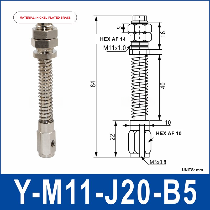 Y-M11-J20-B5 nickel-plated brass side-entry vacuum cup holder or buffer mount with product view and dimensional drawing