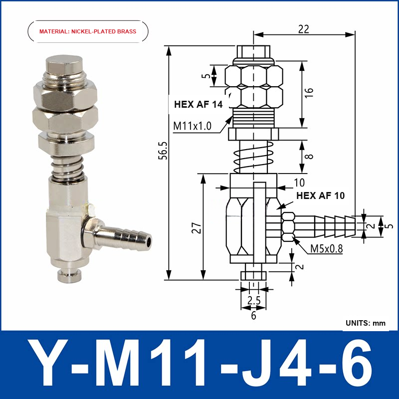 Y-M11-J4-6 nickel-plated brass side-entry vacuum cup holder or buffer mount with product view and dimensional drawing