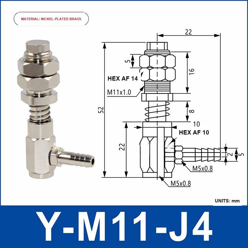 Y-M11-J4 nickel-plated brass side-entry vacuum cup holder or buffer mount with product view and dimensional drawing