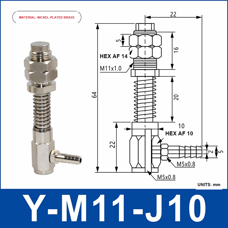 Y-M11-J10 nickel-plated brass side-entry vacuum cup holder or buffer mount with product view and dimensional drawing