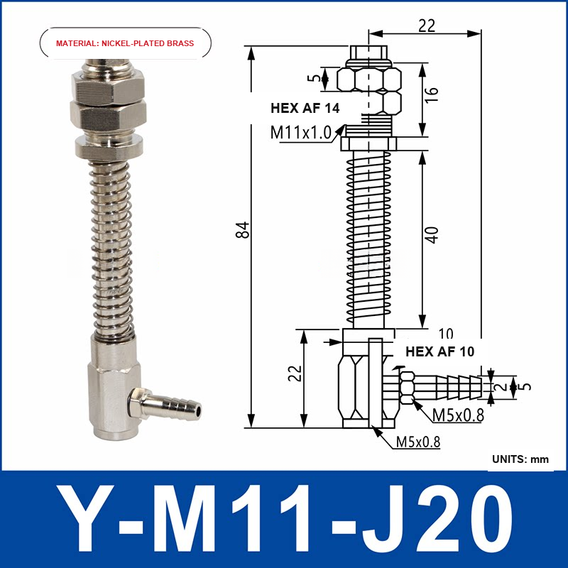 Y-M11-J20 nickel-plated brass side-entry vacuum cup holder or buffer mount with product view and dimensional drawing