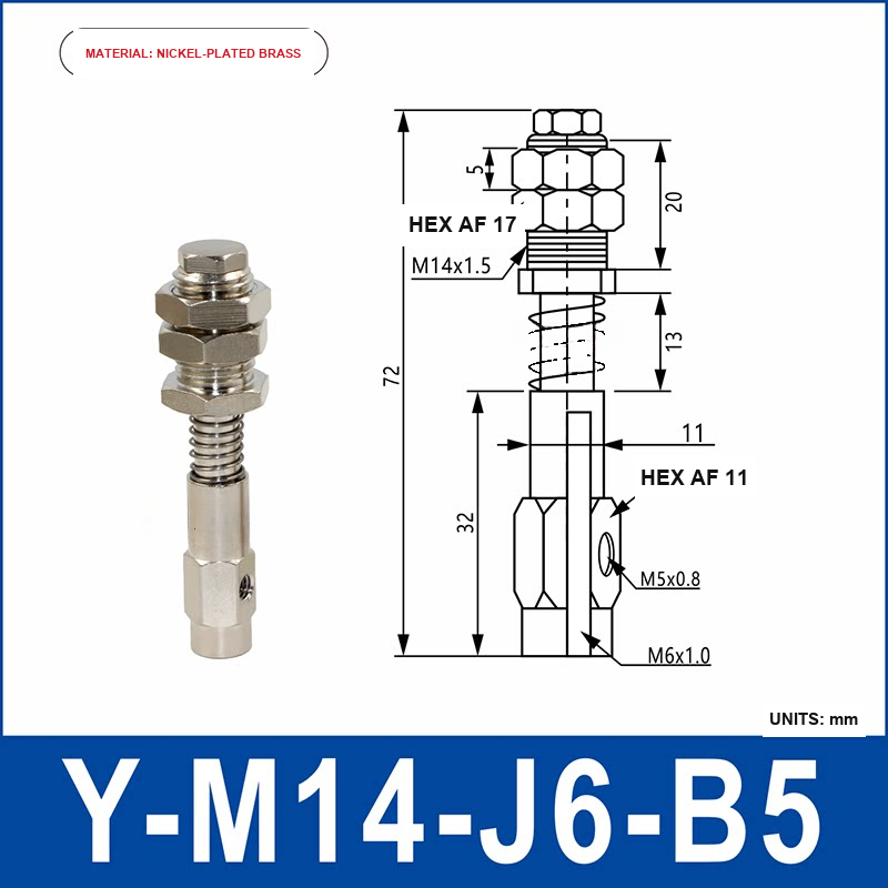 Y-M14-J6-B5 nickel-plated brass side-entry vacuum cup holder or buffer mount with product view and dimensional drawing