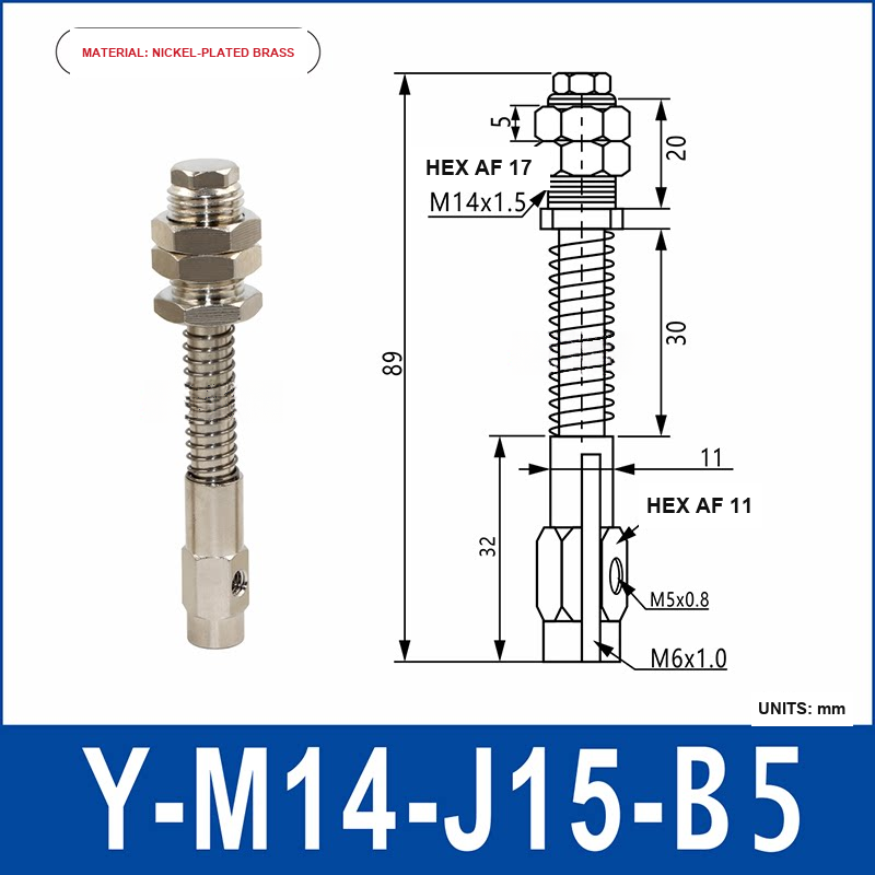 Y-M14-J15-B5 nickel-plated brass side-entry vacuum cup holder or buffer mount with product view and dimensional drawing