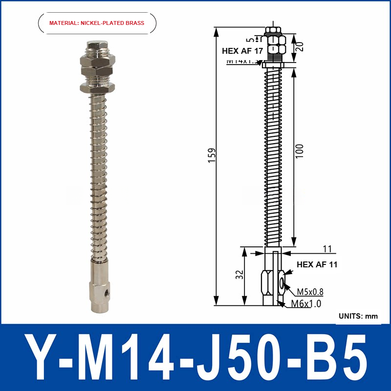 Y-M14-J50-B5 nickel-plated brass side-entry vacuum cup holder or buffer mount with product view and dimensional drawing
