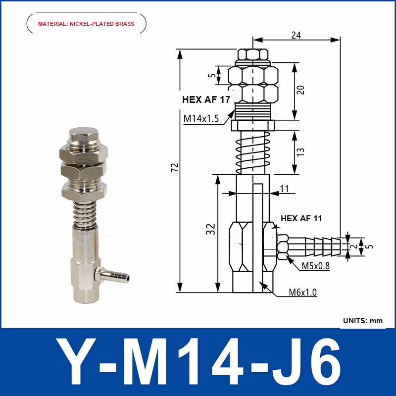 Y-M14-J6 nickel-plated brass side-entry vacuum cup holder or buffer mount with product view and dimensional drawing
