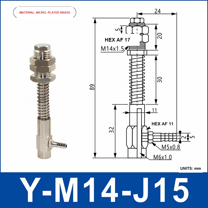 Y-M14-J15 nickel-plated brass side-entry vacuum cup holder or buffer mount with product view and dimensional drawing