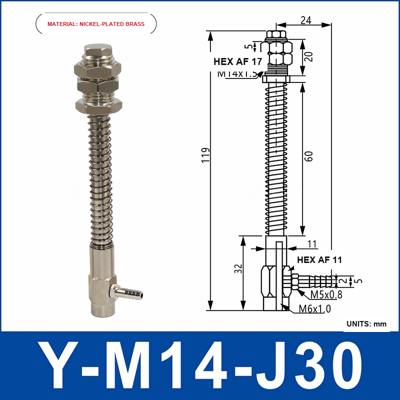 Y-M14-J30 nickel-plated brass side-entry vacuum cup holder or buffer mount with product view and dimensional drawing