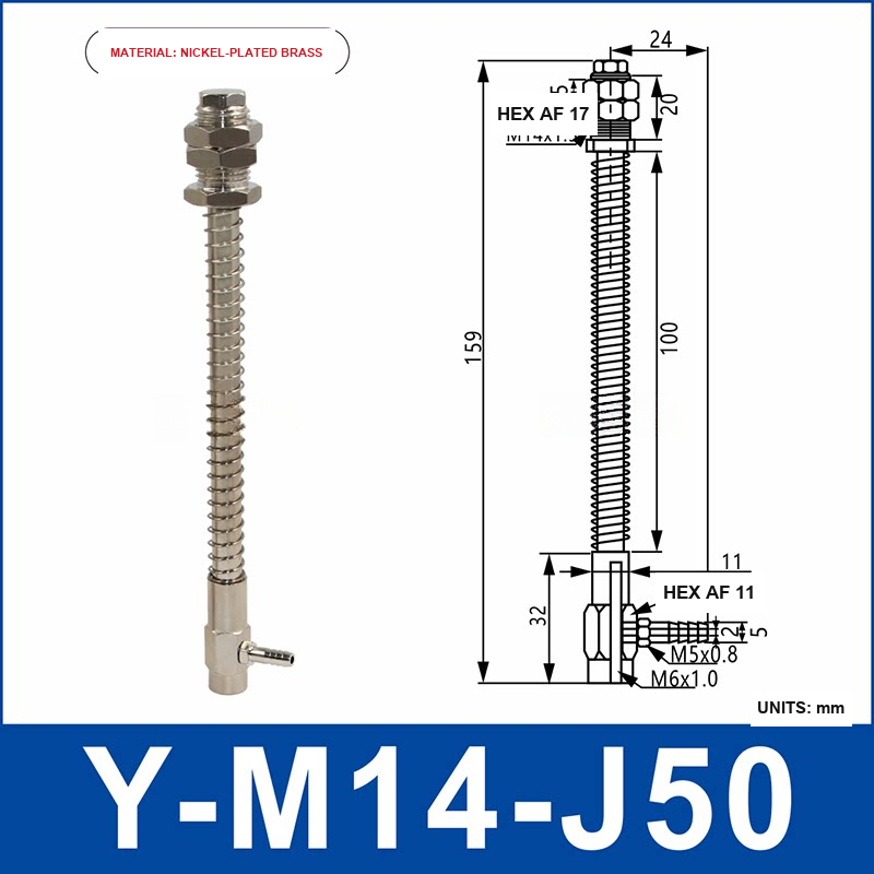 Y-M14-J50 nickel-plated brass side-entry vacuum cup holder or buffer mount with product view and dimensional drawing
