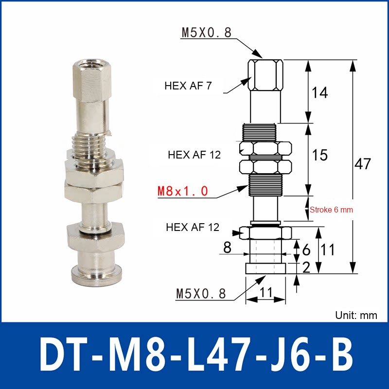 DT-M8-L47-J6-B – Rotatable, Short B, rotatable spring-loaded vacuum cup holder, short b, 6 mm stroke, M8 x 1.0 mounting thread, nickel-plated copper alloy, with technical dimensions
