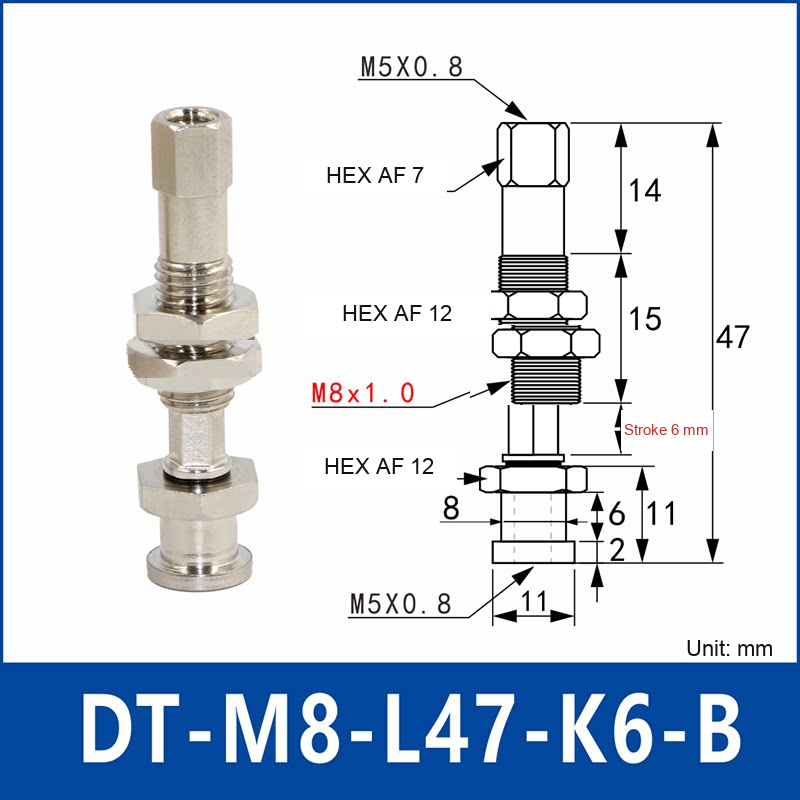 DT-M8-L47-K6-B – Anti-Rotation, Short B, anti-rotation spring-loaded vacuum cup holder, short b, 6 mm stroke, M8 x 1.0 mounting thread, nickel-plated copper alloy, with technical dimensions