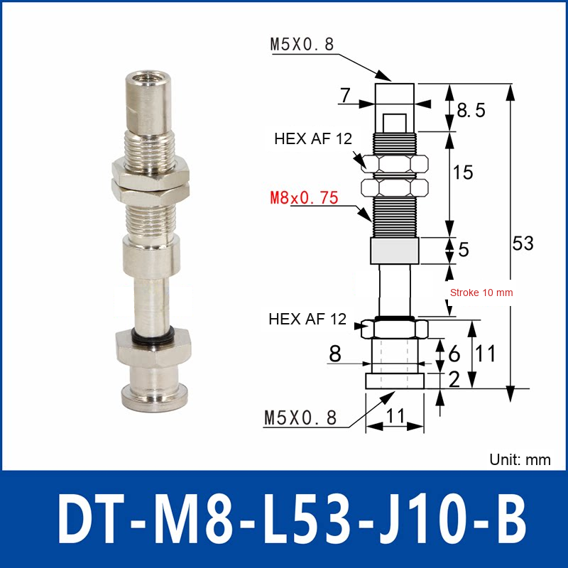 DT-M8-L53-J10-B – Rotatable, Short B, rotatable spring-loaded vacuum cup holder, short b, 10 mm stroke, M8 x 1.0 mounting thread, nickel-plated copper alloy, with technical dimensions