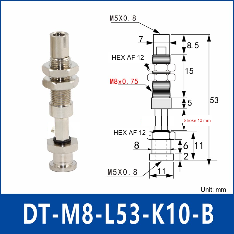 DT-M8-L53-K10-B – Anti-Rotation, Short B, anti-rotation spring-loaded vacuum cup holder, short b, 10 mm stroke, M8 x 1.0 mounting thread, nickel-plated copper alloy, with technical dimensions