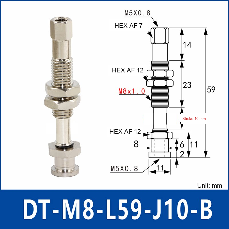 DT-M8-L59-J10-B – Rotatable, Short B, rotatable spring-loaded vacuum cup holder, short b, 10 mm stroke, M8 x 1.0 mounting thread, nickel-plated copper alloy, with technical dimensions