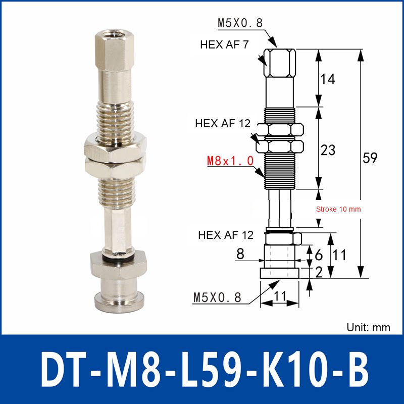 DT-M8-L59-K10-B – Anti-Rotation, Short B, anti-rotation spring-loaded vacuum cup holder, short b, 10 mm stroke, M8 x 1.0 mounting thread, nickel-plated copper alloy, with technical dimensions