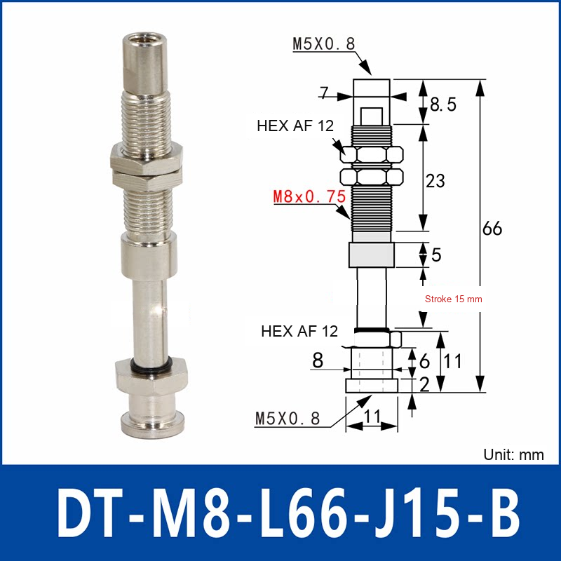 DT-M8-L66-J15-B – Rotatable, Short B, rotatable spring-loaded vacuum cup holder, short b, 15 mm stroke, M8 x 1.0 mounting thread, nickel-plated copper alloy, with technical dimensions