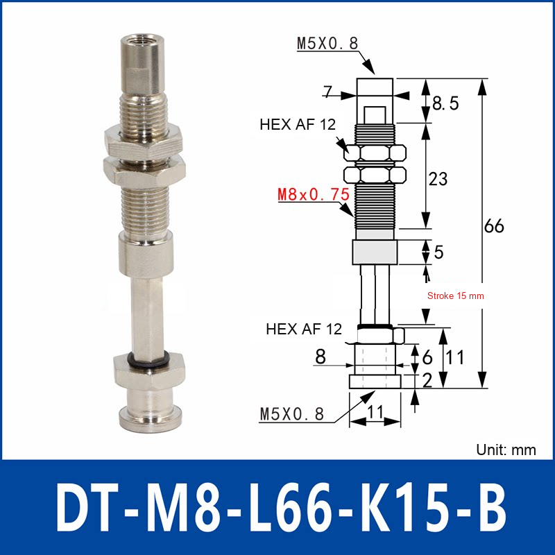 DT-M8-L66-K15-B – Anti-Rotation, Short B, anti-rotation spring-loaded vacuum cup holder, short b, 15 mm stroke, M8 x 1.0 mounting thread, nickel-plated copper alloy, with technical dimensions