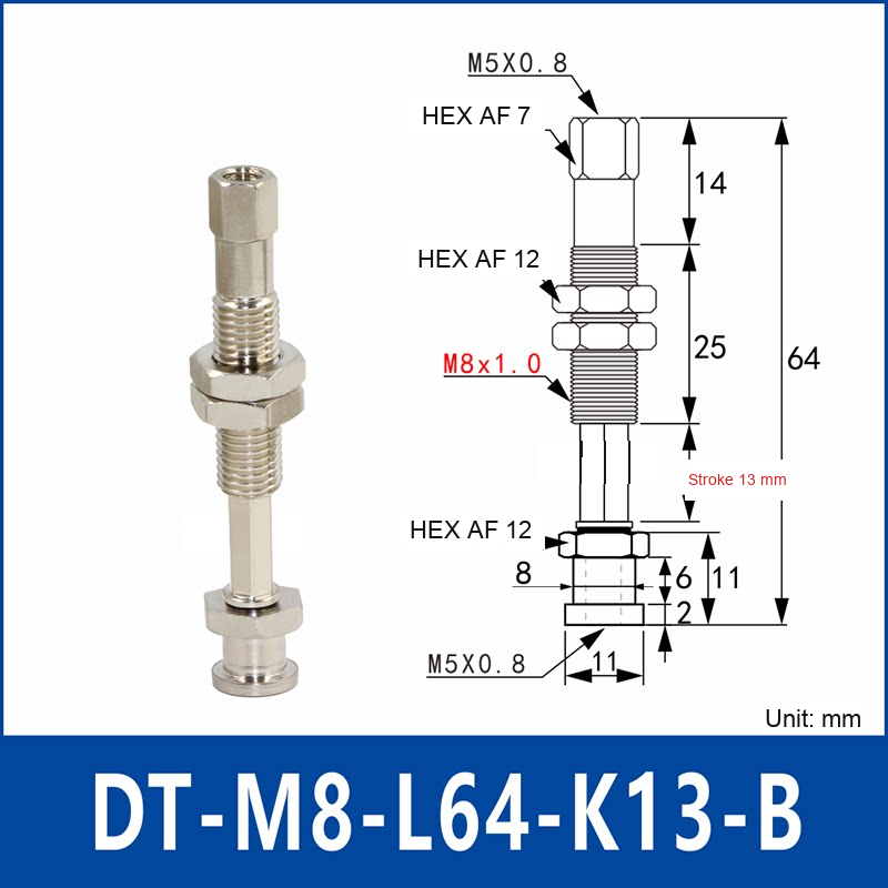 DT-M8-L64-K13-B – Anti-Rotation, Short B, anti-rotation spring-loaded vacuum cup holder, short b, 13 mm stroke, M8 x 1.0 mounting thread, nickel-plated copper alloy, with technical dimensions
