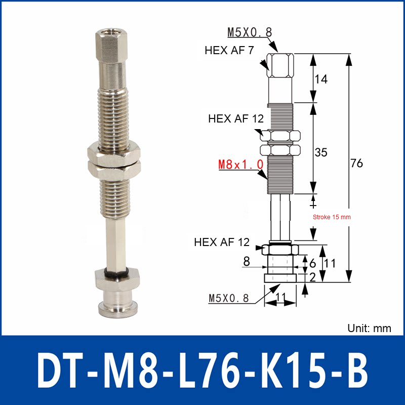DT-M8-L76-K15-B – Anti-Rotation, Short B, anti-rotation spring-loaded vacuum cup holder, short b, 15 mm stroke, M8 x 1.0 mounting thread, nickel-plated copper alloy, with technical dimensions