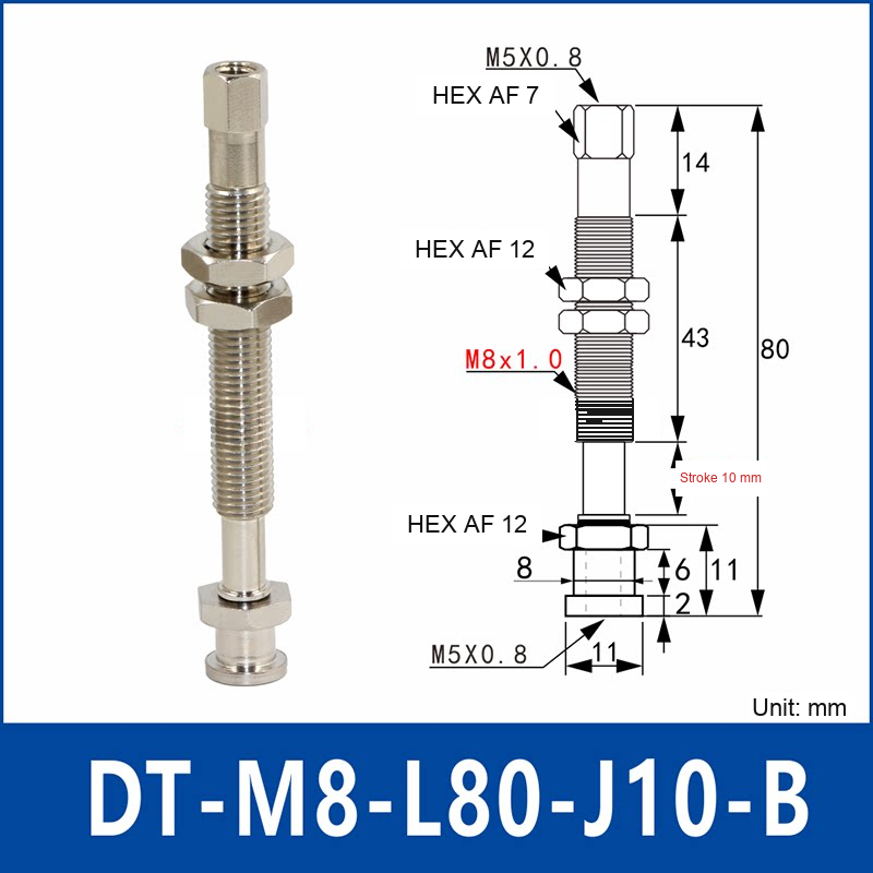 DT-M8-L80-J10-B – Rotatable, Short B, rotatable spring-loaded vacuum cup holder, short b, 10 mm stroke, M8 x 1.0 mounting thread, nickel-plated copper alloy, with technical dimensions