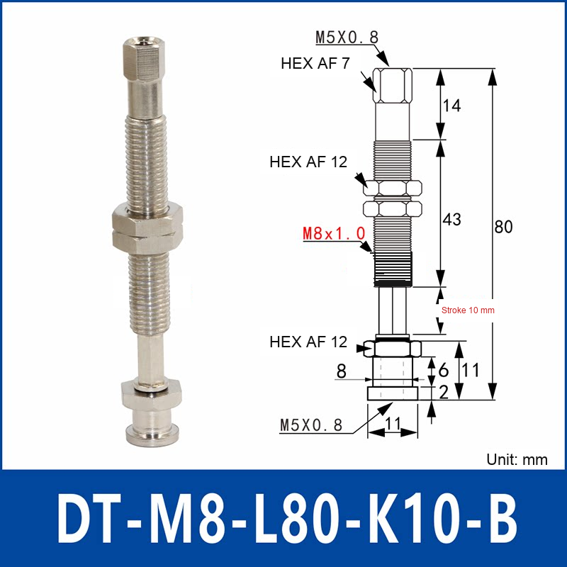 DT-M8-L80-K10-B – Anti-Rotation, Short B, anti-rotation spring-loaded vacuum cup holder, short b, 10 mm stroke, M8 x 1.0 mounting thread, nickel-plated copper alloy, with technical dimensions