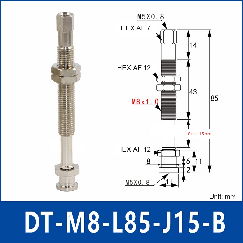 DT-M8-L85-J15-B – Rotatable, Short B, rotatable spring-loaded vacuum cup holder, short b, 15 mm stroke, M8 x 1.0 mounting thread, nickel-plated copper alloy, with technical dimensions