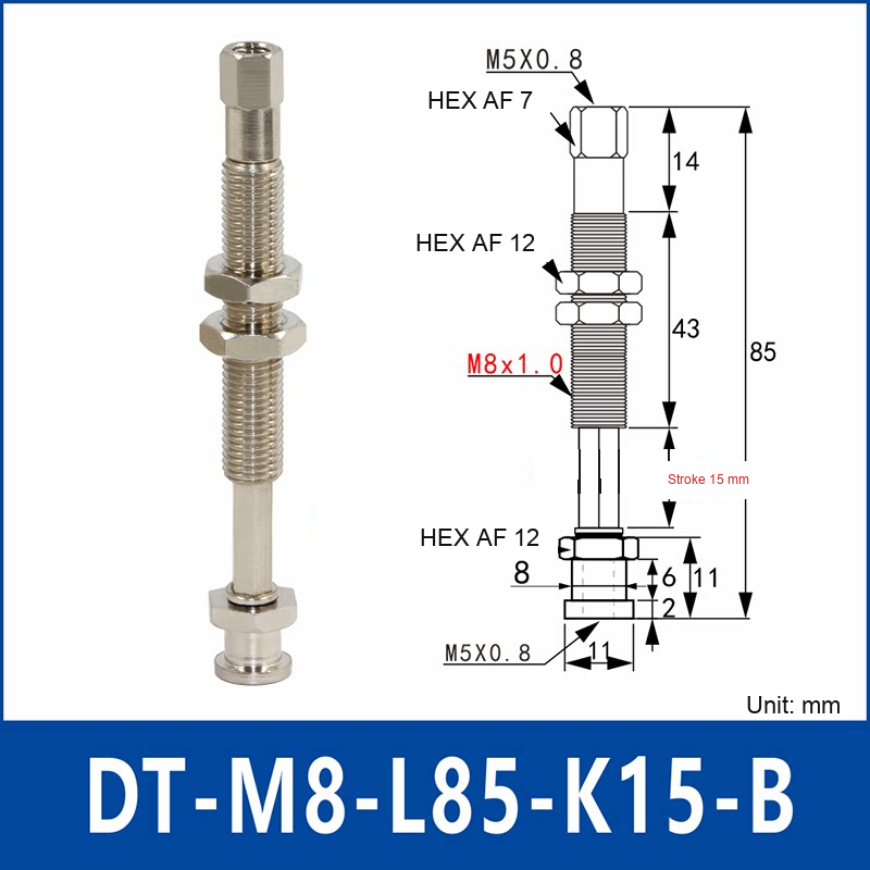 DT-M8-L85-K15-B – Anti-Rotation, Short B, anti-rotation spring-loaded vacuum cup holder, short b, 15 mm stroke, M8 x 1.0 mounting thread, nickel-plated copper alloy, with technical dimensions