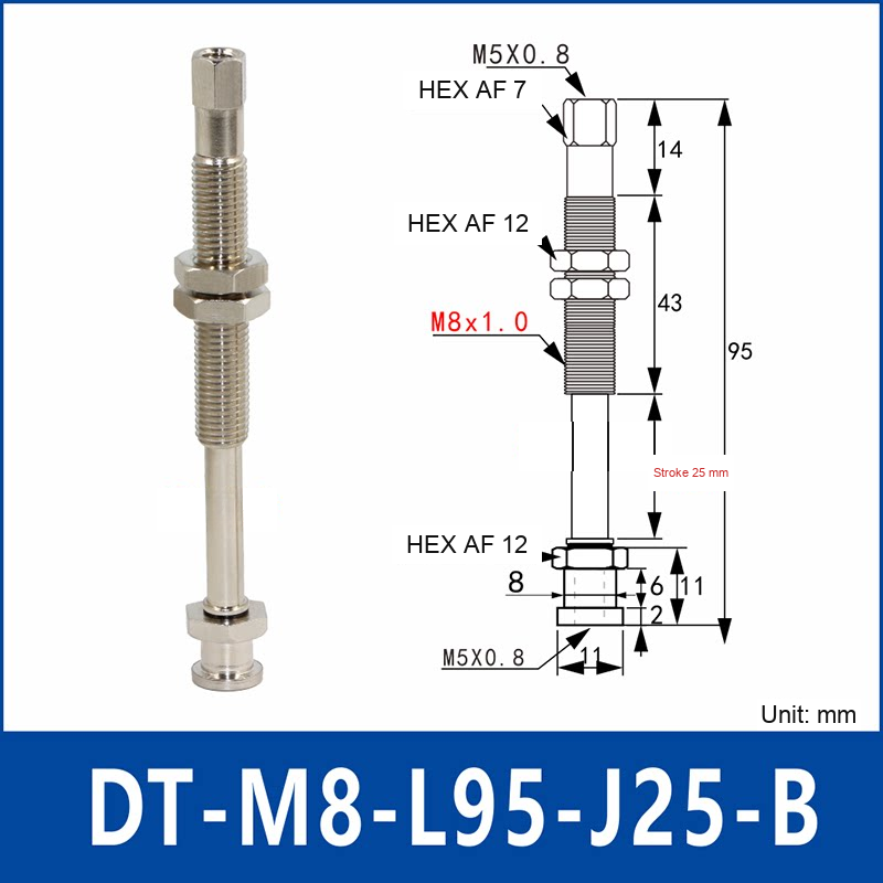 DT-M8-L95-J25-B – Rotatable, Short B, rotatable spring-loaded vacuum cup holder, short b, 25 mm stroke, M8 x 1.0 mounting thread, nickel-plated copper alloy, with technical dimensions