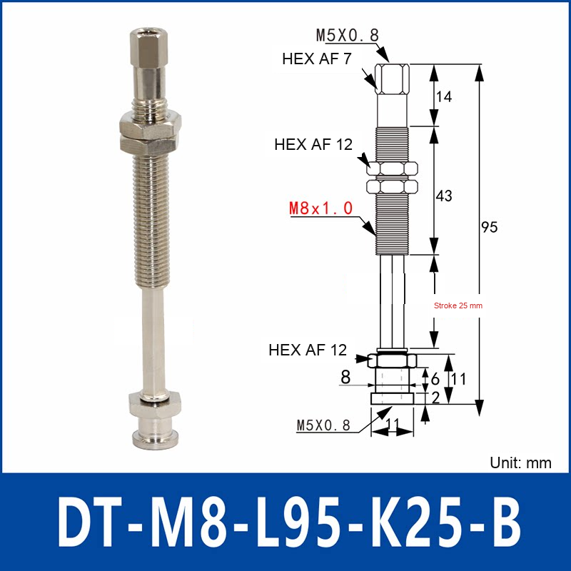 DT-M8-L95-K25-B – Anti-Rotation, Short B, anti-rotation spring-loaded vacuum cup holder, short b, 25 mm stroke, M8 x 1.0 mounting thread, nickel-plated copper alloy, with technical dimensions