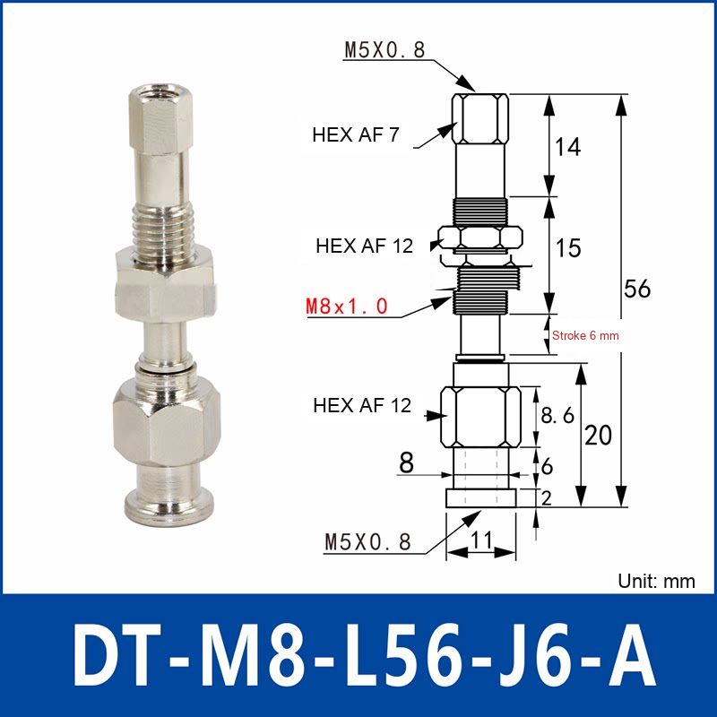 DT-M8-L56-J6-A – Rotatable, Long A, rotatable spring-loaded vacuum cup holder, long a, 6 mm stroke, M8 x 1.0 mounting thread, nickel-plated copper alloy, with technical dimensions