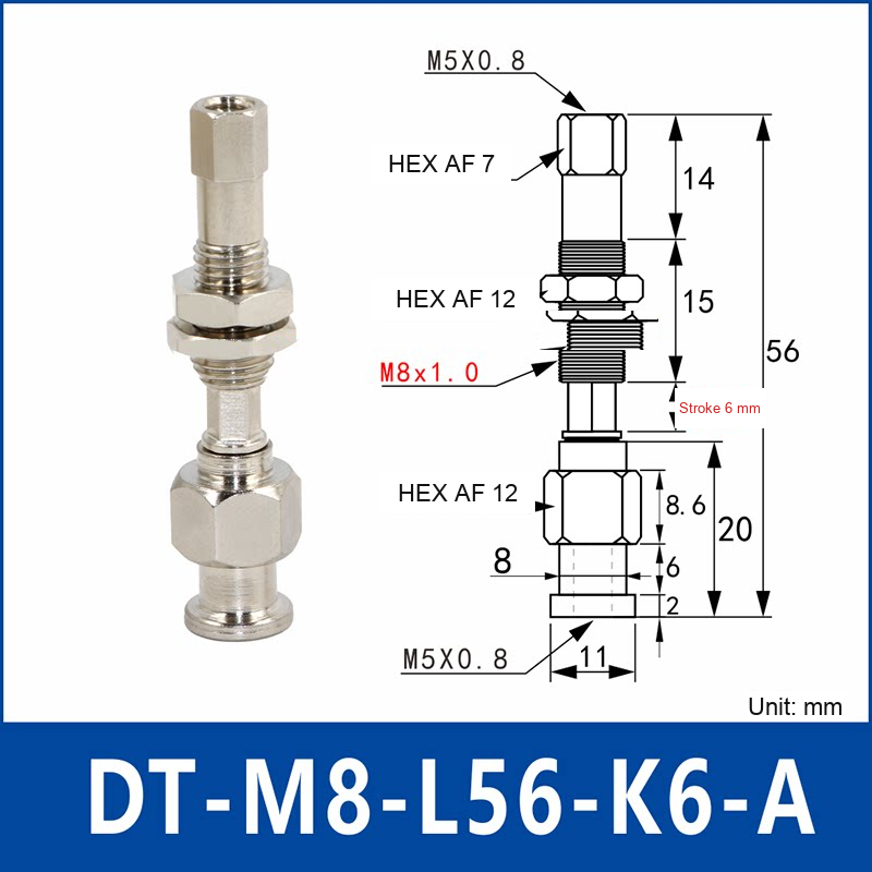 DT-M8-L56-K6-A – Anti-Rotation, Long A, anti-rotation spring-loaded vacuum cup holder, long a, 6 mm stroke, M8 x 1.0 mounting thread, nickel-plated copper alloy, with technical dimensions