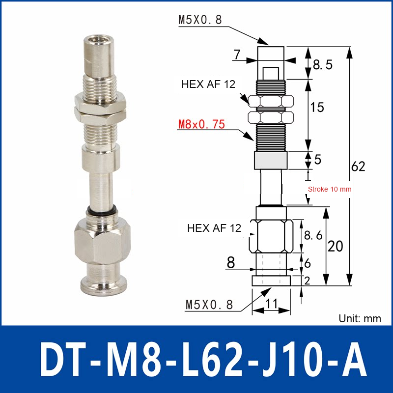 DT-M8-L62-J10-A – Rotatable, Long A, rotatable spring-loaded vacuum cup holder, long a, 10 mm stroke, M8 x 1.0 mounting thread, nickel-plated copper alloy, with technical dimensions
