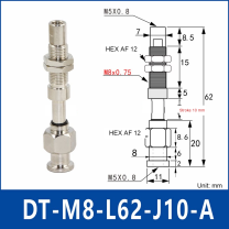 DT-M8-L62-J10-A – Rotatable, Long A, rotatable spring-loaded vacuum cup holder, long a, 10 mm stroke, M8 x 1.0 mounting thread, nickel-plated copper alloy, with technical dimensions