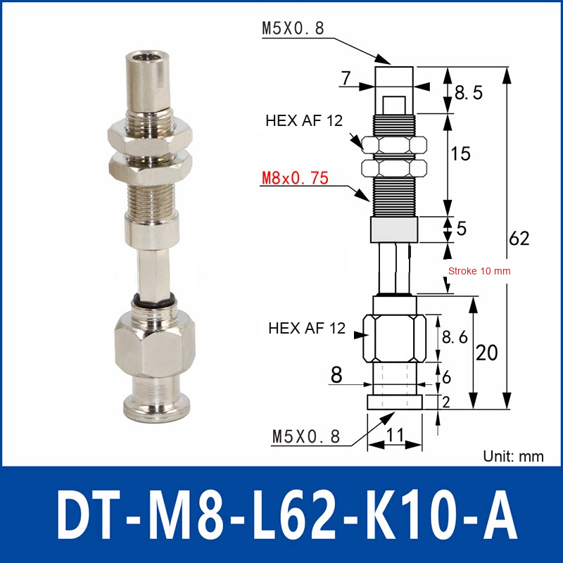 DT-M8-L62-K10-A – Anti-Rotation, Long A, anti-rotation spring-loaded vacuum cup holder, long a, 10 mm stroke, M8 x 1.0 mounting thread, nickel-plated copper alloy, with technical dimensions