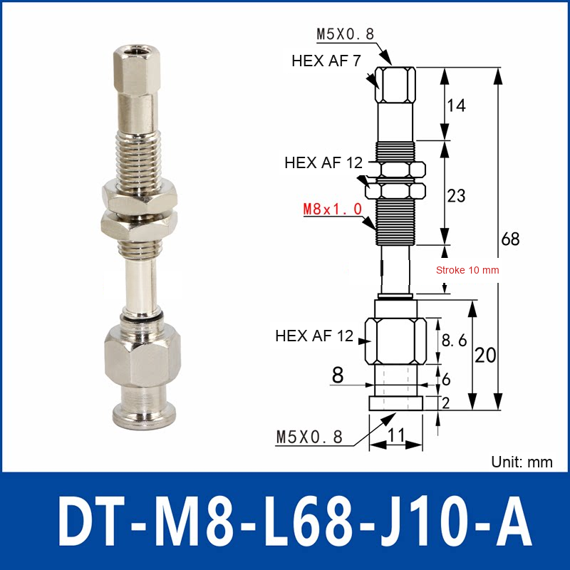 DT-M8-L68-J10-A – Rotatable, Long A, rotatable spring-loaded vacuum cup holder, long a, 10 mm stroke, M8 x 1.0 mounting thread, nickel-plated copper alloy, with technical dimensions