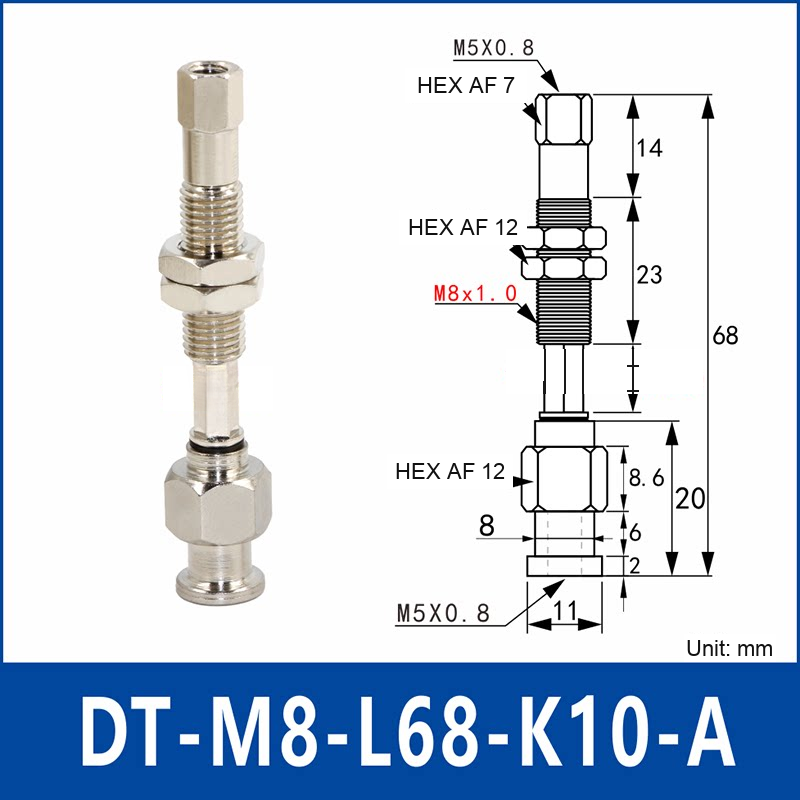 DT-M8-L68-K10-A – Anti-Rotation, Long A, anti-rotation spring-loaded vacuum cup holder, long a, 10 mm stroke, M8 x 1.0 mounting thread, nickel-plated copper alloy, with technical dimensions