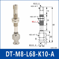 DT-M8-L68-K10-A – Anti-Rotation, Long A, anti-rotation spring-loaded vacuum cup holder, long a, 10 mm stroke, M8 x 1.0 mounting thread, nickel-plated copper alloy, with technical dimensions
