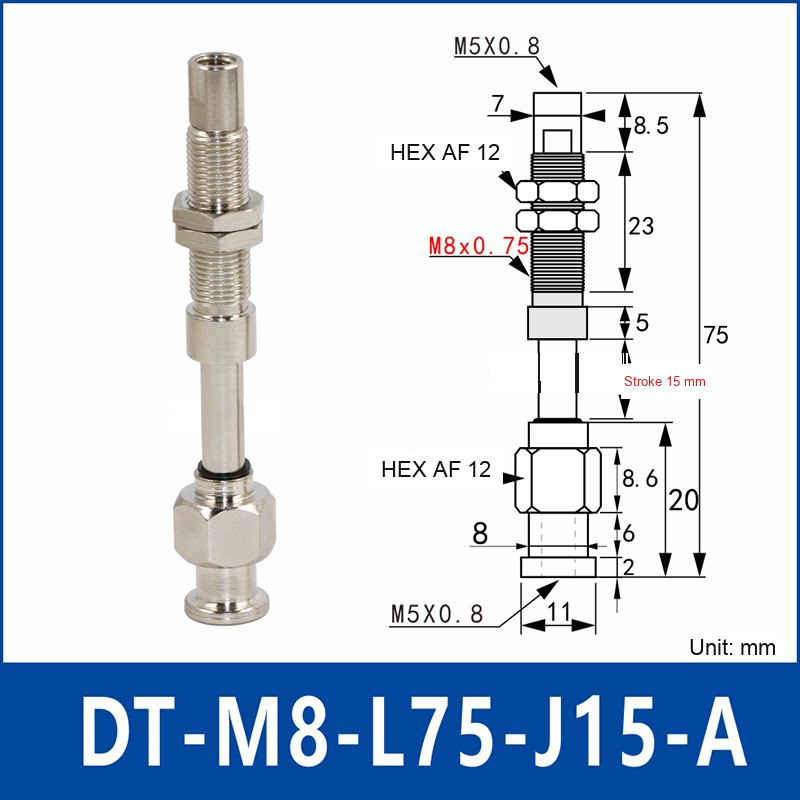 DT-M8-L75-J15-A – Rotatable, Long A, rotatable spring-loaded vacuum cup holder, long a, 15 mm stroke, M8 x 1.0 mounting thread, nickel-plated copper alloy, with technical dimensions